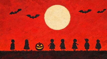 Obraz premium A spooky silhouette scene on a red background showcasing children, bats, and a jack-o'-lantern under a large moon, perfect for Halloween festivities.