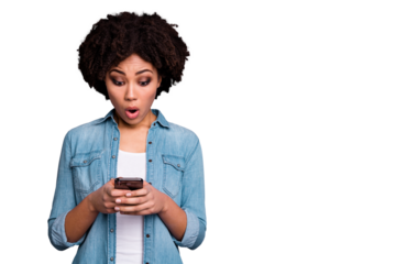 Portrait of astonished funny funky lady hold hand use user gadget look news feed impressed horrible information fear stress depressed dressed jeans outfit isolated grey background