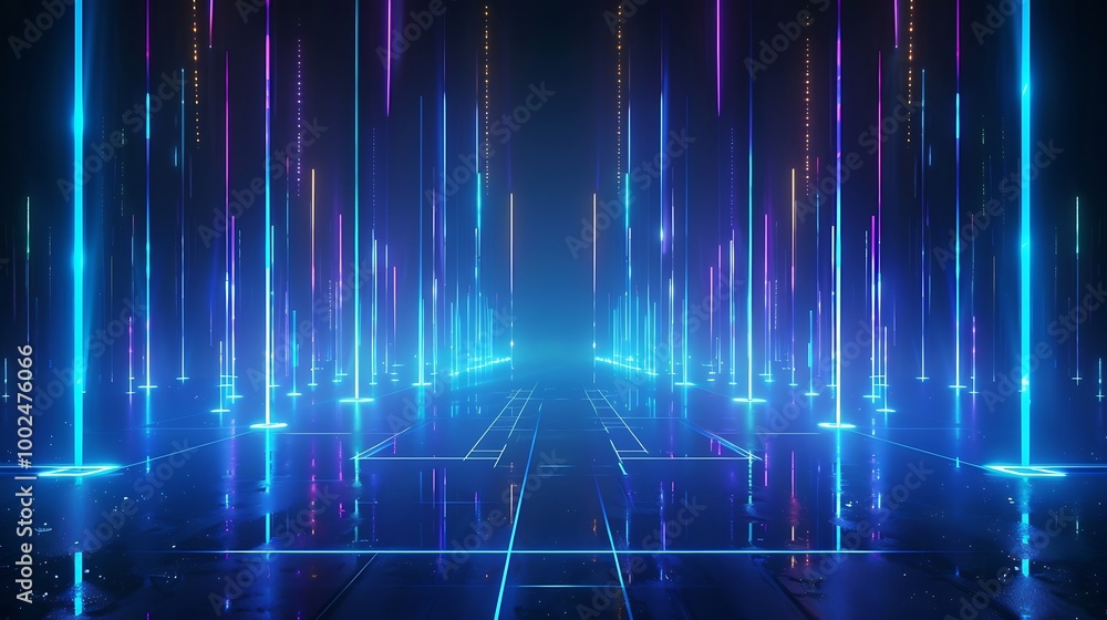 Poster a vibrant digital landscape filled with glowing neon lines and columns, creating a futuristic, tech-