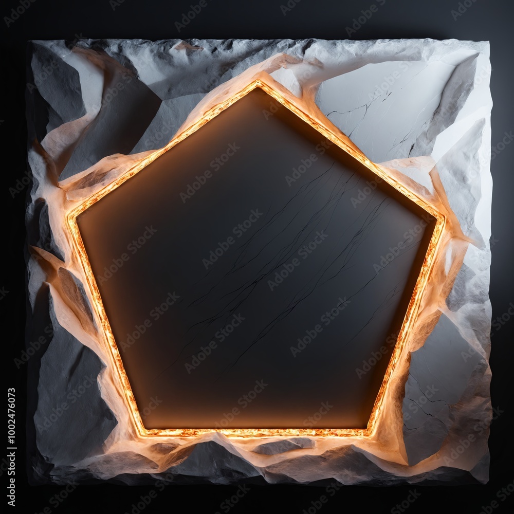 Poster glowing pentagonal design with a warm orange light, framed by rough, white rock-like textures. the c