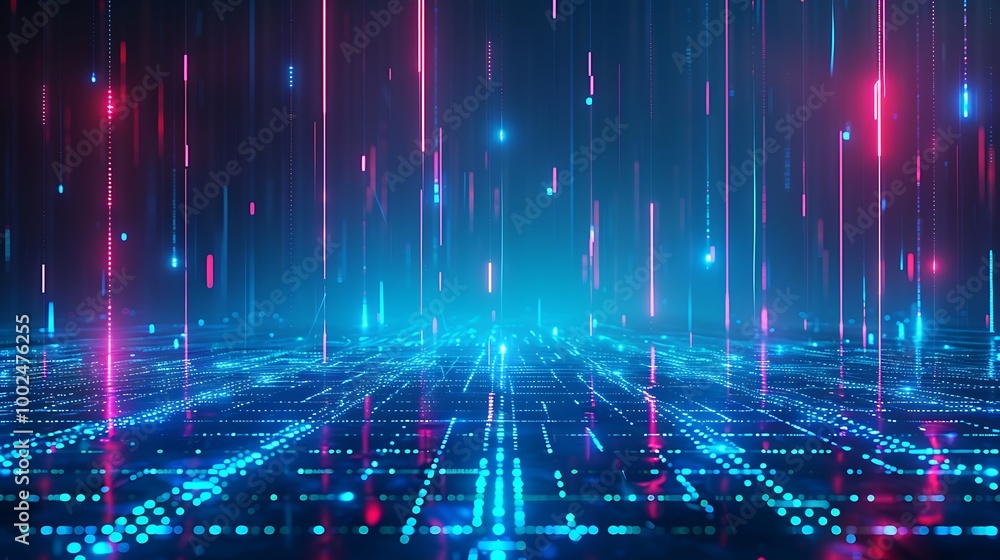 Poster a vibrant digital landscape with neon lights and a grid pattern, creating a futuristic visual experi