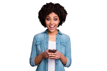 Portarit of charming blog blogger astonished impressed incredible notification scream shout omg wow...