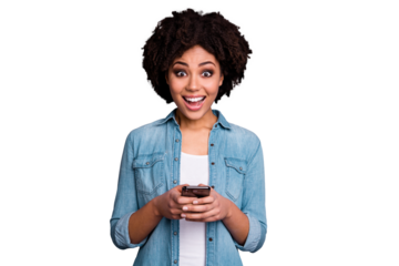 Portarit of charming blog blogger astonished impressed incredible notification scream shout omg wow unbelievable hold hand modern technology rejoice wear stylish jeans clothes isolated grey background