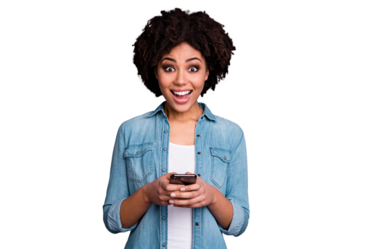 Portarit of charming blog blogger astonished impressed incredible notification scream shout omg wow unbelievable hold hand modern technology rejoice wear stylish jeans clothes isolated grey background