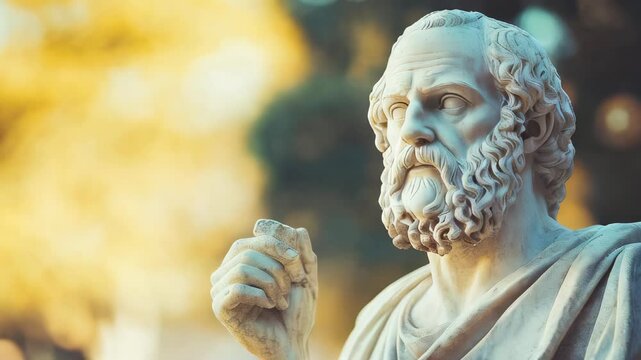A white marble statue of Socrates, the ancient Greek philosopher