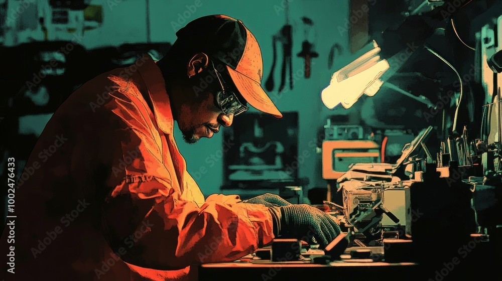 Poster A Man Working on a Machine in a Workshop