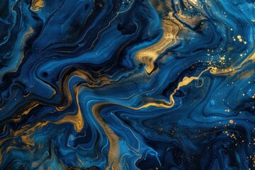 Obraz premium Abstract Marbled Design with Swirling Blue and Gold Patterns, Resembling Fluid Art and Cosmic Inspiration