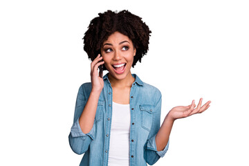 Portrait of cute positive cheerful cute charming lady have modern technology hold hand have...