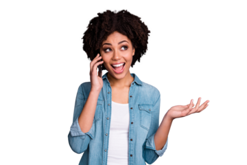 Portrait of cute positive cheerful cute charming lady have modern technology hold hand have dialogue break pause enjoy candid free time rest relax wear modern denim clothing isolated grey background