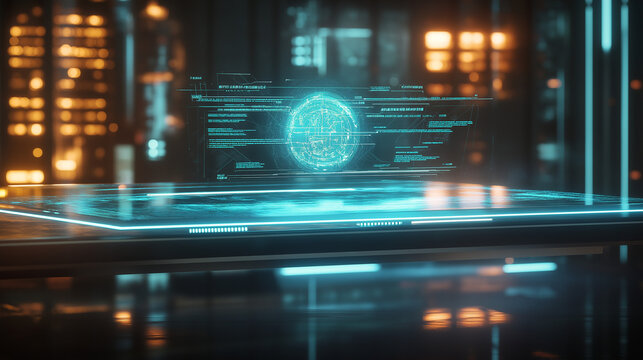 A futuristic glass desk features a floating holographic mind map with glowing task icons branching from a central node, surrounded by soft neon lights and gentle data streams in the background.