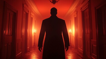 A shadowy figure stands in a dimly lit corridor filled with ominous red light, creating a suspenseful and eerie atmosphere.