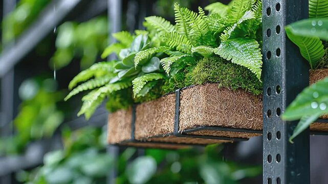 Green plants with brown coco fiber planters on a black wall.