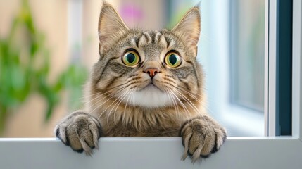 A cat looking out of a window with its eyes wide open, AI