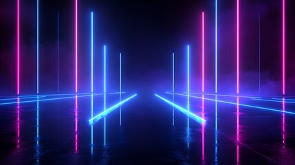 A vibrant neon light corridor with blue and pink beams reflecting on a wet surface, creating a futuristic atmosphere.