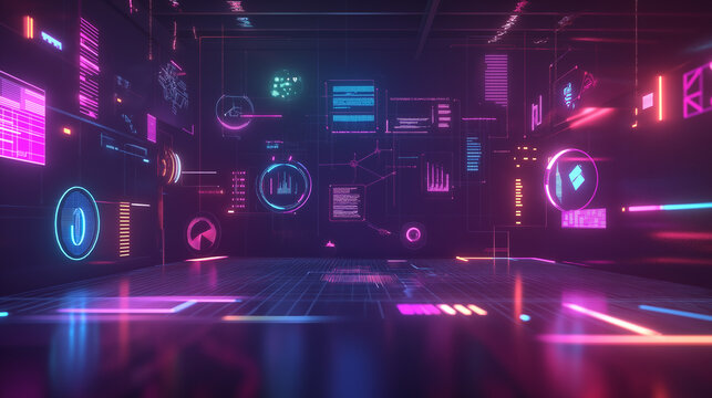A dark, high-tech room features floating 3D icons for tasks and deadlines, glowing in vibrant colors and linked by neon lines, with softly pulsing data visualizations in the background. v2