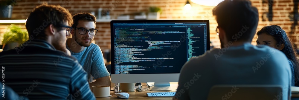 Poster Software engineers collaborating on code on a large monitor in a modern office. Teamwork in software development.