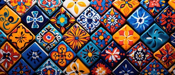 Colorful handmade tiles with intricate patterns arranged in a mosaic layout, showcasing artistic designs.
