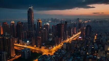 Fototapeta premium A sprawling cityscape illuminated by the orange lights of the city during the night. The city night view captures the beauty of the develop city.