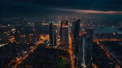 Fototapeta premium A sprawling cityscape illuminated by the orange lights of the city during the night. The city night view captures the beauty of the develop city.