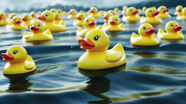 Many yellow rubber duckies float on a rippling blue water surface, with one in the foreground.