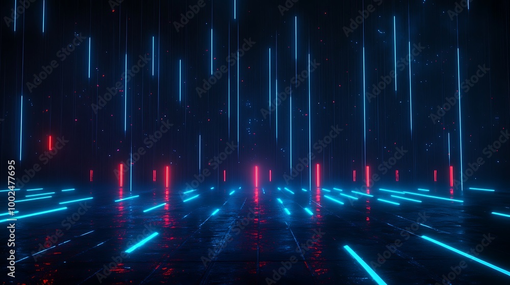 Poster a vibrant scene with dynamic blue and red neon lights illuminating a dark environment, creating a fu