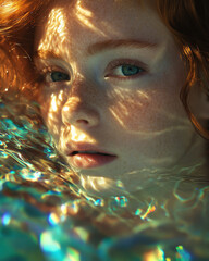 Emerald-eyed beauty with fiery red hair surrounded by warm golden hues at sunset