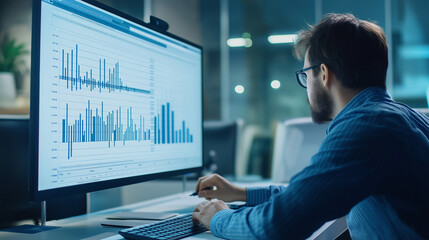 Concept of project management illustrated by a Gantt chart icon, featuring a project manager engaged with a computer.