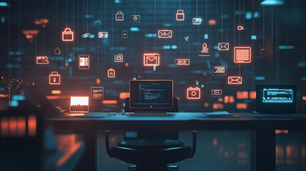 Fototapeta premium A dark virtual workspace showcases glowing task icons above a minimalist desk, connected by luminous threads, with abstract data visualizations casting a soft ambient glow in the background. v2