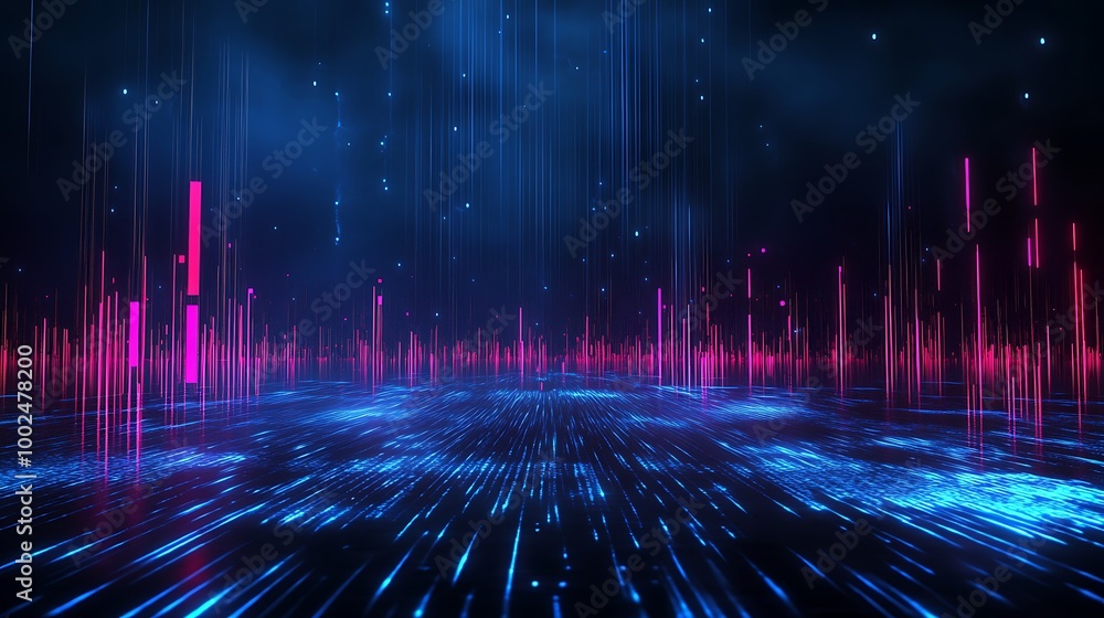 Poster abstract background with vibrant neon lines, creating a futuristic digital landscape with depth and 