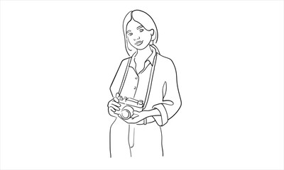 Girl photographer continuous line art drawing isolated on white background. Camera line art drawing. Vector illustration	