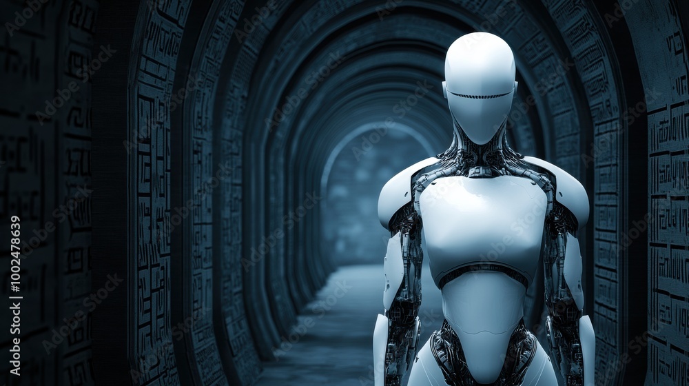 Poster a robot standing in a tunnel with an image of the future, ai
