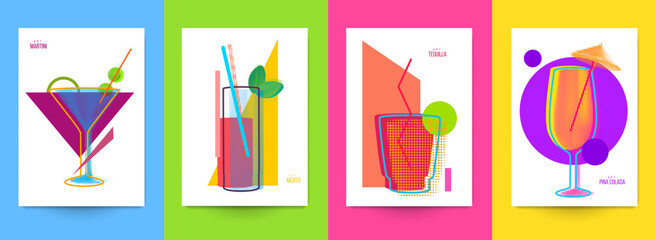 Set of abstract silhouette cocktails with alcohol or juice in minimalistic geometric flat style. Creative colorful composition. Concept for branding menu, cover, flyer, banner. Vector illustration.