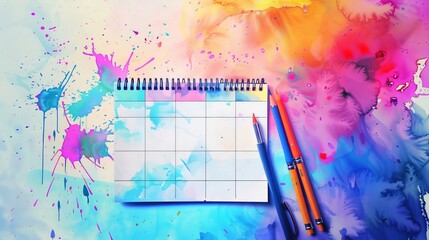 Colorful Watercolor Background With a Calendar and Pens on a Desk for Planning Tasks