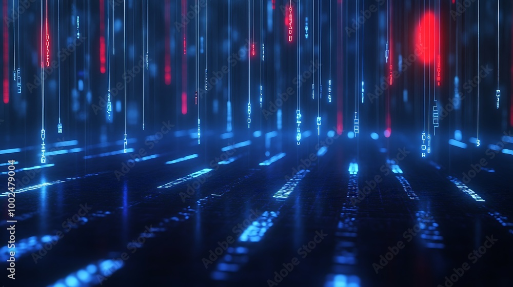 Poster abstract digital background with blue and red data streams glowing in a futuristic environment.