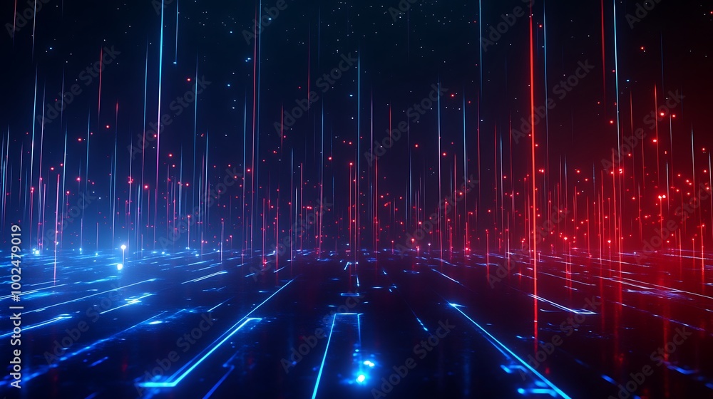 Poster abstract digital background with blue and red lights creating a futuristic landscape.