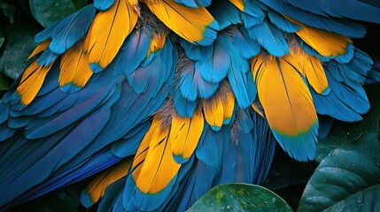 Obraz premium A close-up of a blue and yellow bird's feathers surrounded by green leaves in the background, with a prominent green leaf in the foreground