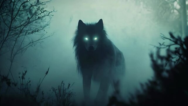An ethereal spectral figure of a wolf with glowing eyes