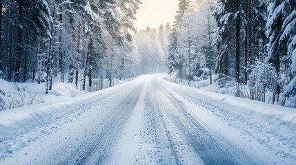 Winter road trip with snow-covered landscape. Roadway and route snowy street trip. Driving