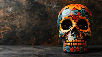 Aesthetic banner for Dia de Los Muertos with traditional calavera skull, black background, copy space. Generative AI