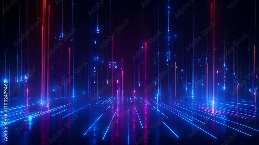 Poster abstract digital background with glowing blue and red lines creating a futuristic atmosphere.