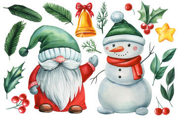 Gnome and snowman isolated, watercolor holiday winter friends. Christmas illustration for greeting card, poster, clipart