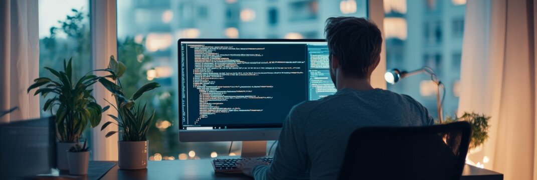 Software developer typing on a desktop computer with large monitor and house plants in the background. Home office environment for coding.