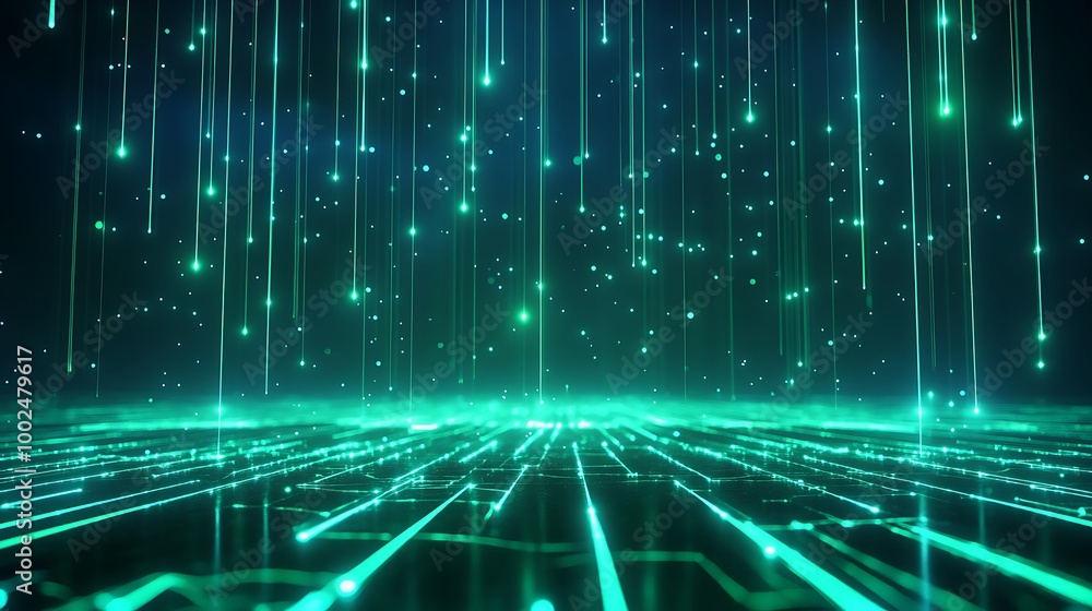 Poster abstract digital background with glowing lines and particles creating a futuristic look.