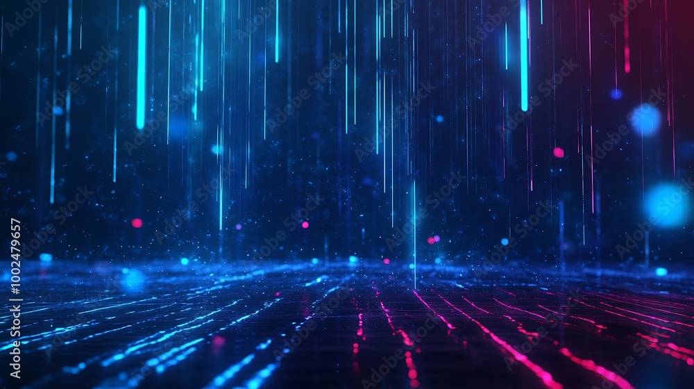 Poster abstract digital background with glowing lines and particles in blue and pink tones, creating a futu