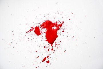 Blood splatters on white background. Red blots of watercolor Realistic bloody splatters for...