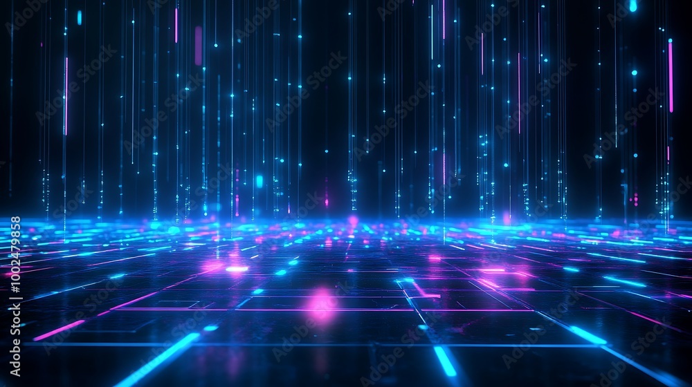 Poster abstract digital background with glowing neon lines and particles, creating a futuristic atmosphere.