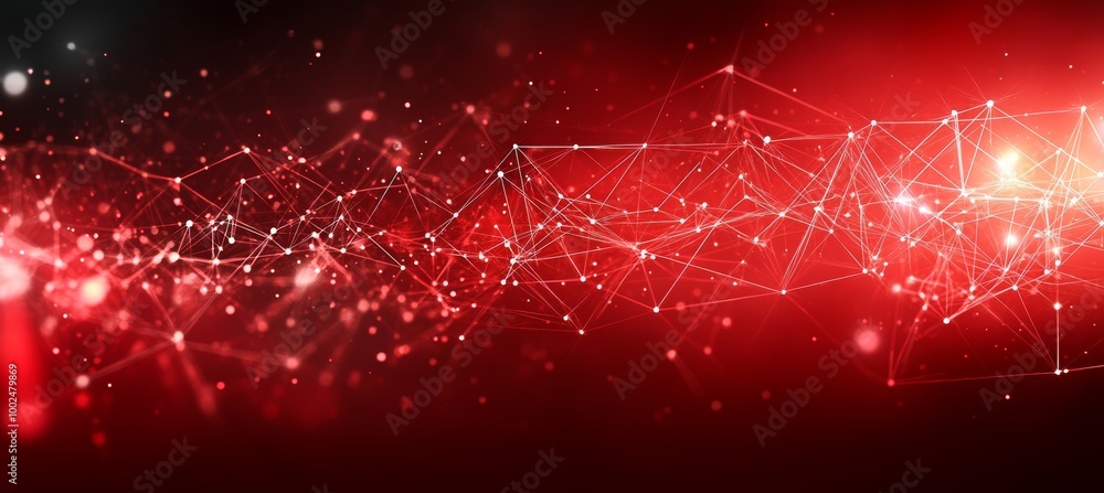 Poster abstract red technology background with connected lines, dots, triangles, particles, and network