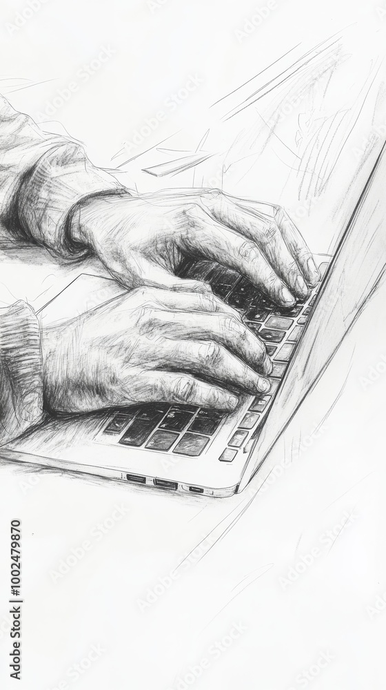 Poster Side view of hands typing on a laptop with abstract lines representing coding and software engineering.