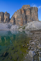 Antermoia glacial lake in Catinaccio Group, Antermoia valley, Dolomites, South Tyrol, Italy, Europe
