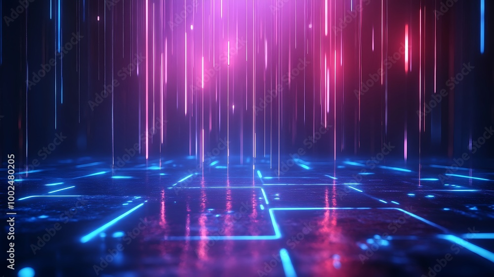 Poster abstract digital background with neon lights, showcasing dynamic patterns and reflections.
